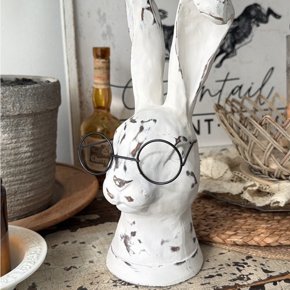 Distressed White Rabbit Head Sculpture with Glasses - Home Art Decor - Picture 2 of 2